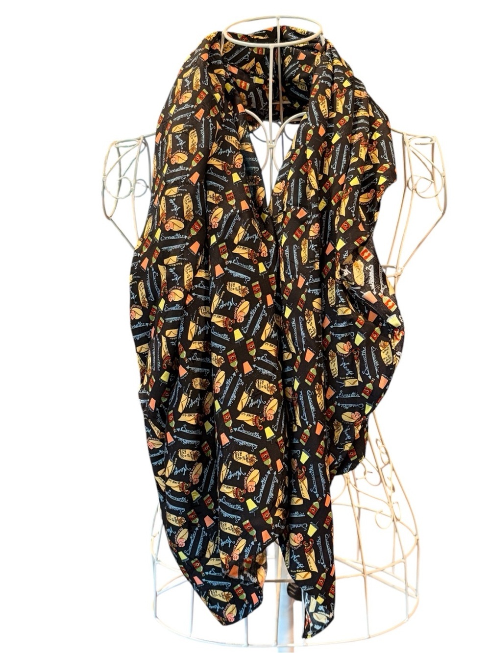 Nicole Miller 1998 Silk Scarf Novelty Food Taco Egg Roll Black 43" Vintage